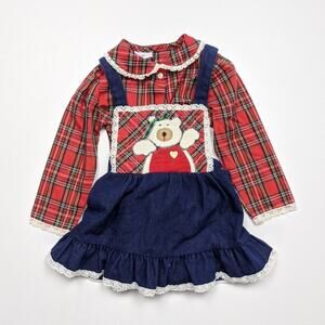 Vintage Goodlad Dress Outfit Girls Size 2T Red Plaid Teddy Bear Pinny